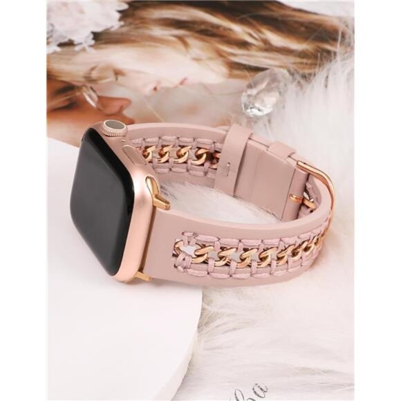 NEW Pink/Rose Gold Leather Apple Watch Band main image 4